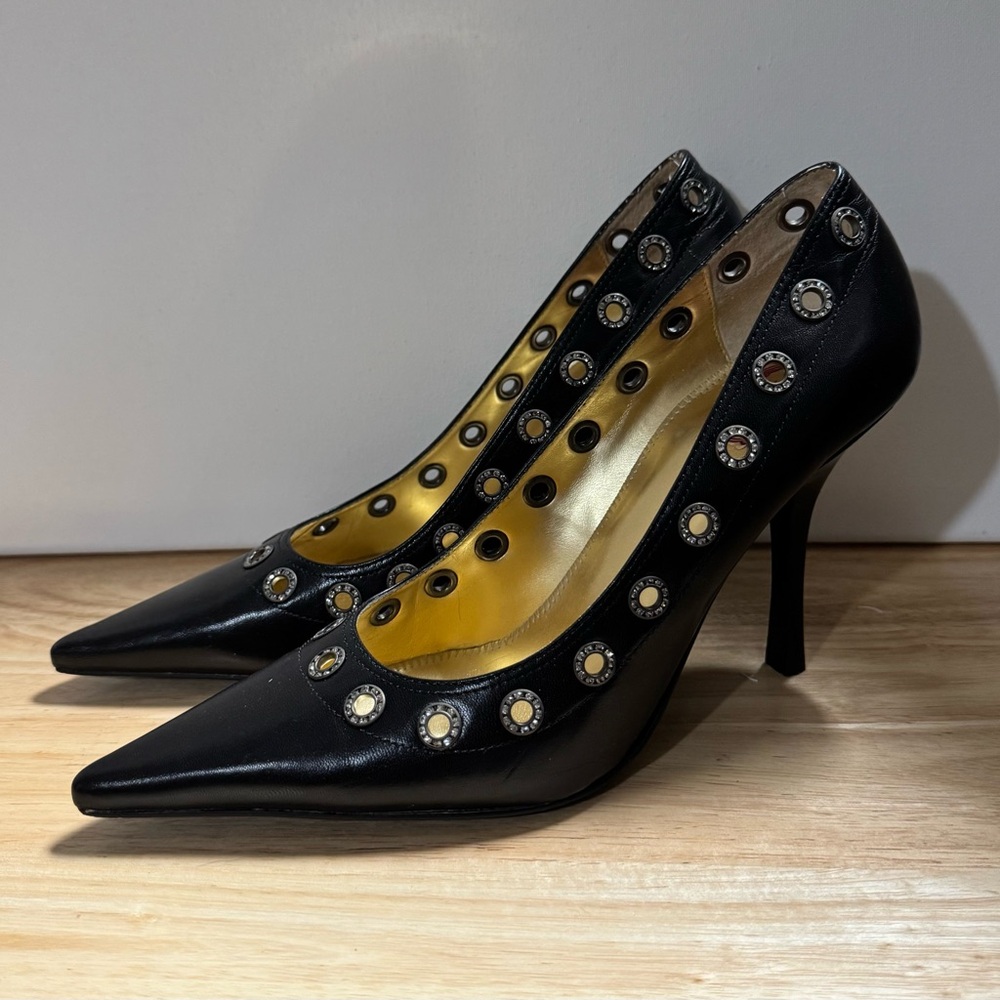 Hale Bob Black Leather Pump with Rhinestone grommets